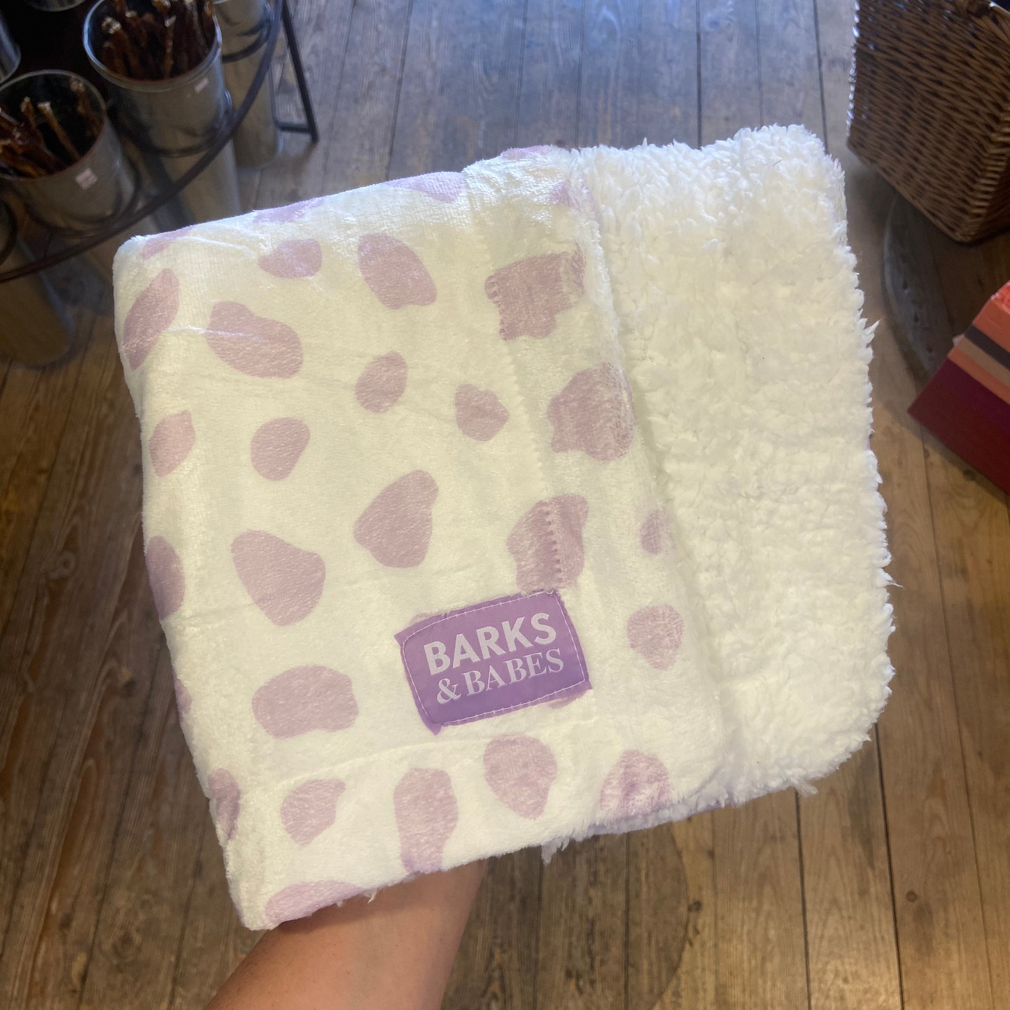 Lilac & White Dalmatian Print plush blanket. Perfect for cosy nights with your dog.